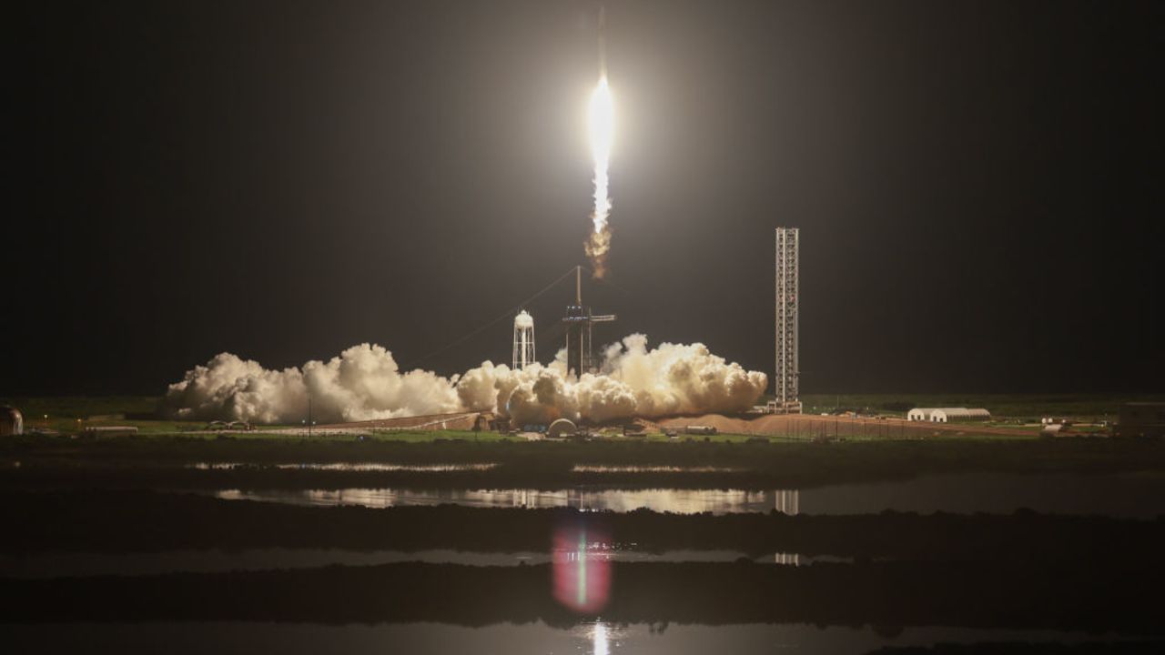 CAPE CANAVERAL, FLORIDA - SEPTEMBER 10: SpaceX's Polaris Dawn Falcon 9 rocket blasts off from Launch Complex 39A of NASA's Kennedy Space Center on September 10, 2024 in Cape Canaveral, Florida. The Polaris Dawn mission is a private spaceflight backed by Jared Isaacman, the billionaire founder of payments platform company Shift4. During the mission, the astronauts will attempt the first spacewalk by a private company. (Photo by Joe Raedle/Getty Images)