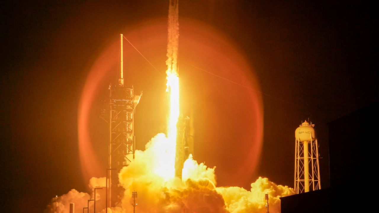 CAPE CANAVERAL, FLORIDA - SEPTEMBER 10: SpaceX's Polaris Dawn Falcon 9 rocket blasts off from Launch Complex 39A of NASA's Kennedy Space Center on September 10, 2024 in Cape Canaveral, Florida. The Polaris Dawn mission is a private spaceflight backed by Jared Isaacman, the billionaire founder of payments platform company Shift4. During the mission, the astronauts will attempt the first spacewalk by a private company. (Photo by Joe Raedle/Getty Images)