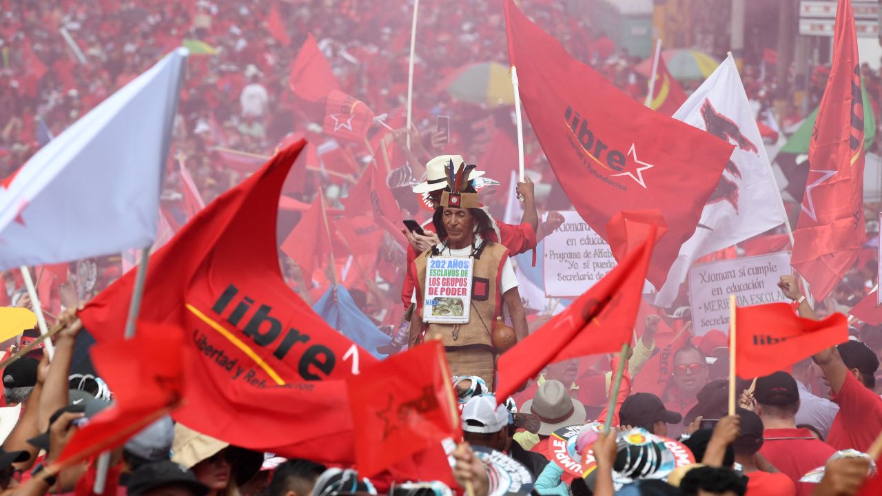 Supporters of Honduras' President Xiomara Castro take part in a rally in support of the government in Tegucigalpa on September 14, 2024. (Photo by Orlando SIERRA / AFP) (Photo by ORLANDO SIERRA/AFP via Getty Images)