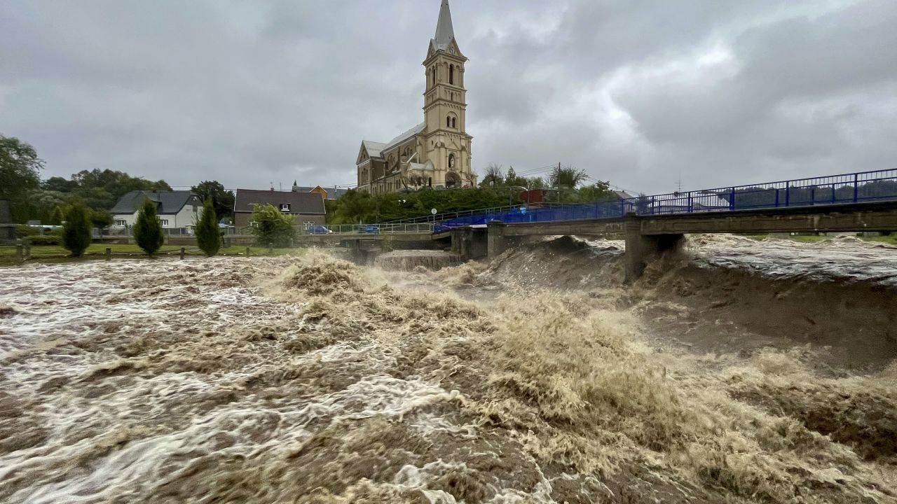 MIKULOVICE, CZECH REPUBLIC - SEPTEMBER 14: A torrent of water flows along the river Bela during heavy rain on September 14, 2024 in Mikulovice, Czech Republic.There have been extreme weather and flood warnings as heavy rainfall sweeps the Czech Republic, Poland, Germany, Austria and Slovakia. (Photo by Gabriel Kuchta/Getty Images)