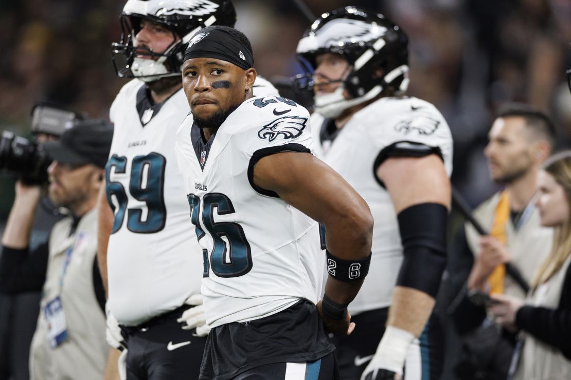 SÃO PAULO, BRAZIL - SEPTEMBER 6: Running back Saquon Barkley #26 of the Philadelphia Eagles stands on the field prior to an NFL football game against the Green Bay Packers, at Arena Corinthians on September 6, 2024 in Sao Paulo, Brazil. (Photo by Brooke Sutton/Getty Images)