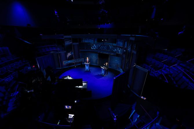 Trump and Harris stand on stage at the start of the debate.