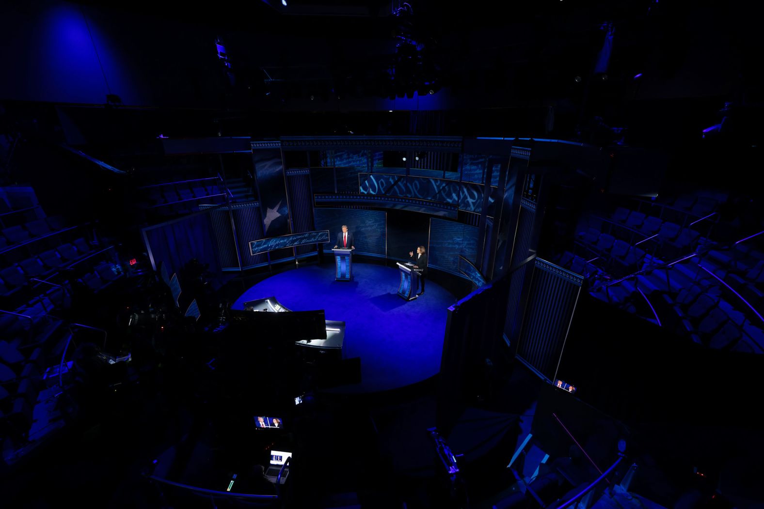 Trump and Harris stand on stage at the start of the debate.