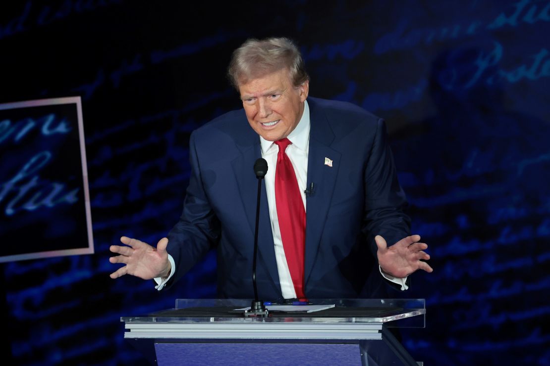 Trump gestures during his debate with Harris in Philadelphia on September 10, 2024.