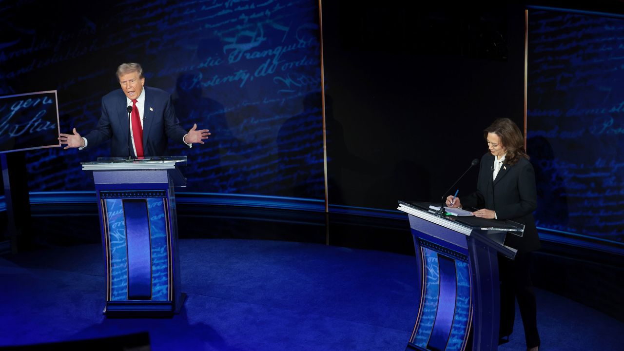 PHILADELPHIA, PENNSYLVANIA - SEPTEMBER 10: Republican presidential nominee, former U.S. President Donald Trump and Democratic presidential nominee, U.S. Vice President Kamala Harris debate for the first time during the presidential election campaign at The National Constitution Center on September 10, 2024 in Philadelphia, Pennsylvania. After earning the Democratic Party nomination following President Joe Biden's decision to leave the race, Harris faced off with Trump in what may be the only debate of the 2024 race for the White House. (Photo by Win McNamee/Getty Images)