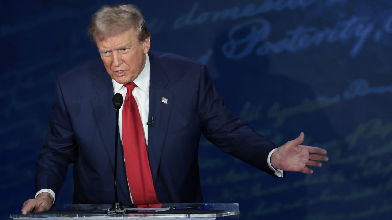 Former President Donald Trump debates Vice President Kamala Harris for the first time during the presidential election campaign at The National Constitution Center on September 10 in Philadelphia.