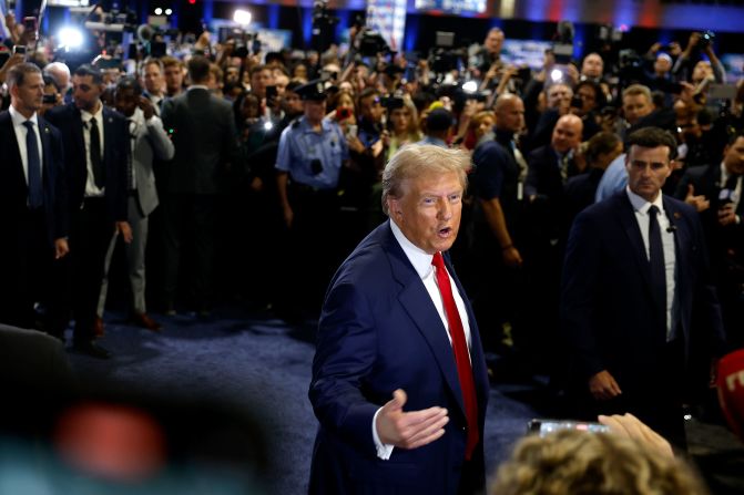 Trump speaks to reporters at the Pennsylvania Convention Center after the debate. He told them he thought this was <a href="https://www.cnn.com/politics/live-news/trump-harris-debate-abc-09-10-24#h_e5bc988bc65f1f818514e6d88066bfae">"the best debate" that he's had</a>.