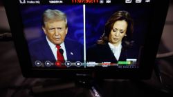 PHILADELPHIA, PENNSYLVANIA - SEPTEMBER 10: Republican presidential nominee, former U.S. President Donald Trump and Democratic presidential nominee, U.S. Vice President Kamala Harris are seen on a screen as they debate for the first time during the presidential election campaign at The National Constitution Center on September 10, 2024 in Philadelphia, Pennsylvania. After earning the Democratic Party nomination following President Joe Biden's decision to leave the race, Harris faced off with Trump in what may be the only debate of the 2024 race for the White House. (Photo by Kevin Dietsch/Getty Images)