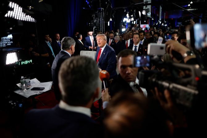 Trump talks with Fox News host Sean Hannity after the debate. Trump also spoke with other journalists, <a href="https://www.cnn.com/politics/live-news/trump-harris-debate-abc-09-10-24#h_649ba00bcedcb5fa8a12ba1525e045ea">including CNN's Kaitlan Collins</a>. “This was my best debate,” he told Collins as he defended his performance.