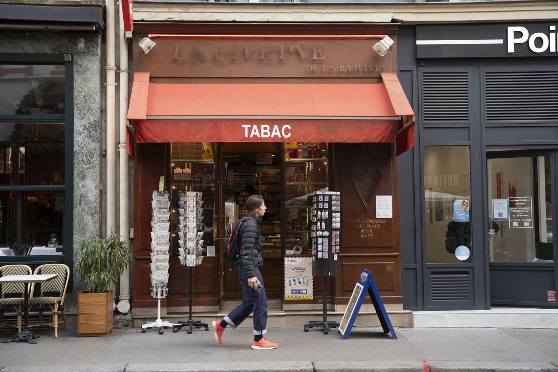 Facade of a tabac, or tobacconist's store, in the 4th arrondissement of Paris, France.
