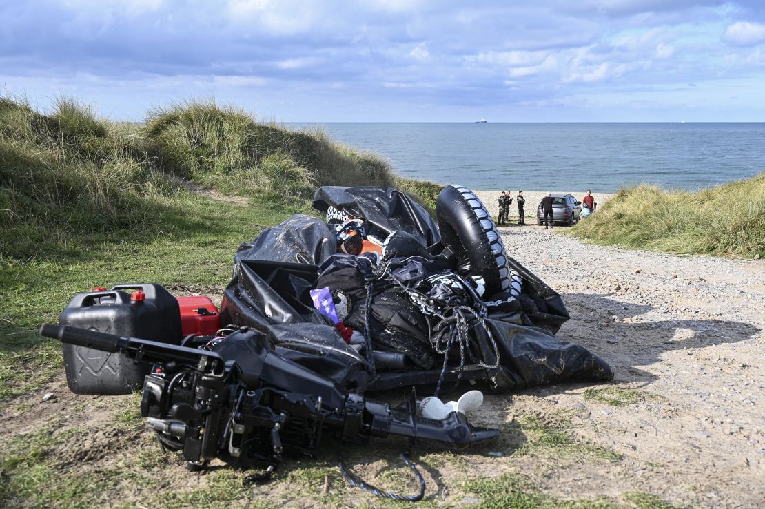 TOPSHOT - This photograph taken on September 15, 2024 shows the damaged migrants' boat after a failed attempt to cross the English Channel that led to the death of 8 people near the beach of Ambleteuse, northern France. Eight migrants died when their clandestine boat sank off Ambleteuse (Pas-de-Calais) on September 15, 2024, bringing to over 45 the number of would-be exiles to Britain who died in the Channel in 2024. (Photo by Bernard BARRON / AFP) (Photo by BERNARD BARRON/AFP via Getty Images)