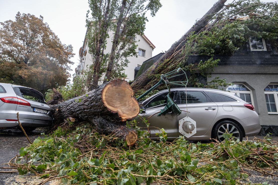 A destroyed car under a tree that fell due to strong winds at the Ruinov estate in Bratislava, Slovakia, on September 15, 2024.