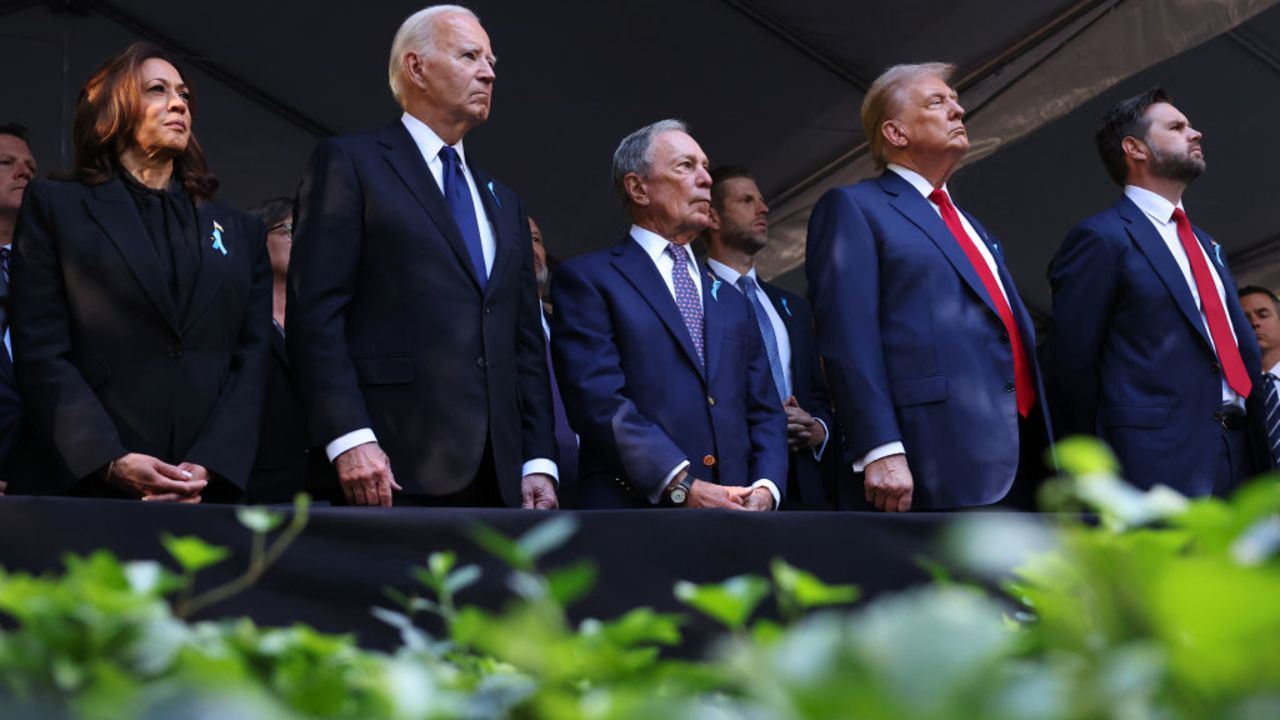 NEW YORK, NEW YORK - SEPTEMBER 11: Democratic presidential nominee, U.S. Vice President Kamala Harris, U.S. President Joe Biden, former NYC Mayor Michael Bloomberg, former U.S. President Donald Trump and Republican vice presidential nominee, U.S. Sen. J.D. Vance (R-OH) attend the annual 9/11 Commemoration Ceremony at the National 9/11 Memorial and Museum on September 11, 2024 in New York City. U.S. President Joe Biden, Democratic presidential nominee, U.S. Vice President Kamala Harris, Republican presidential nominee, former U.S. President Donald Trump and Republican vice presidential nominee, U.S. Sen. J.D. Vance (R-OH) joined family and friends at Ground Zero honoring the lives of their loved ones on the 23rd anniversary of the terror attacks of September 11, 2001, at the World Trade Center. Biden and Harris will also attend ceremonies at the Flight 93 National Memorial in Shanksville, Pa, and the Pentagon in Arlington, Va., making visits to all three sites of the terror attacks that killed nearly 3,000 people.  (Photo by Michael M. Santiago/Getty Images)