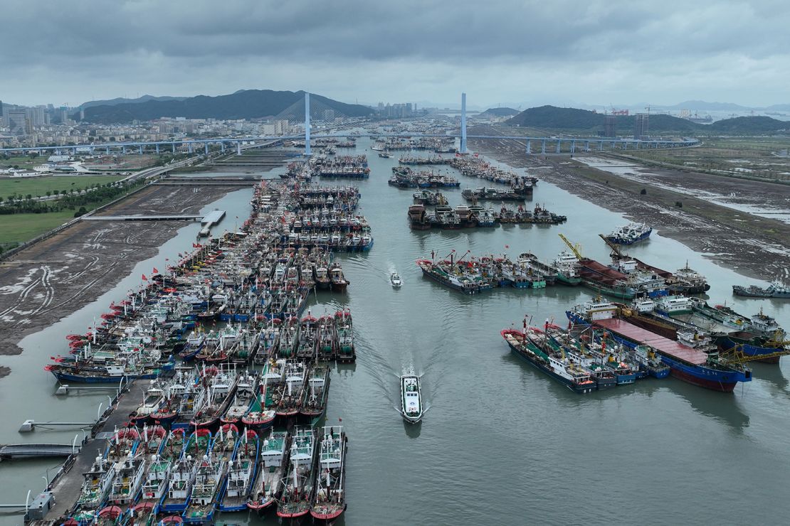 A large number of fishing boats moor at a port to avoid Typhoon Bebinca in Zhoushan, China, on September 15, 2024.