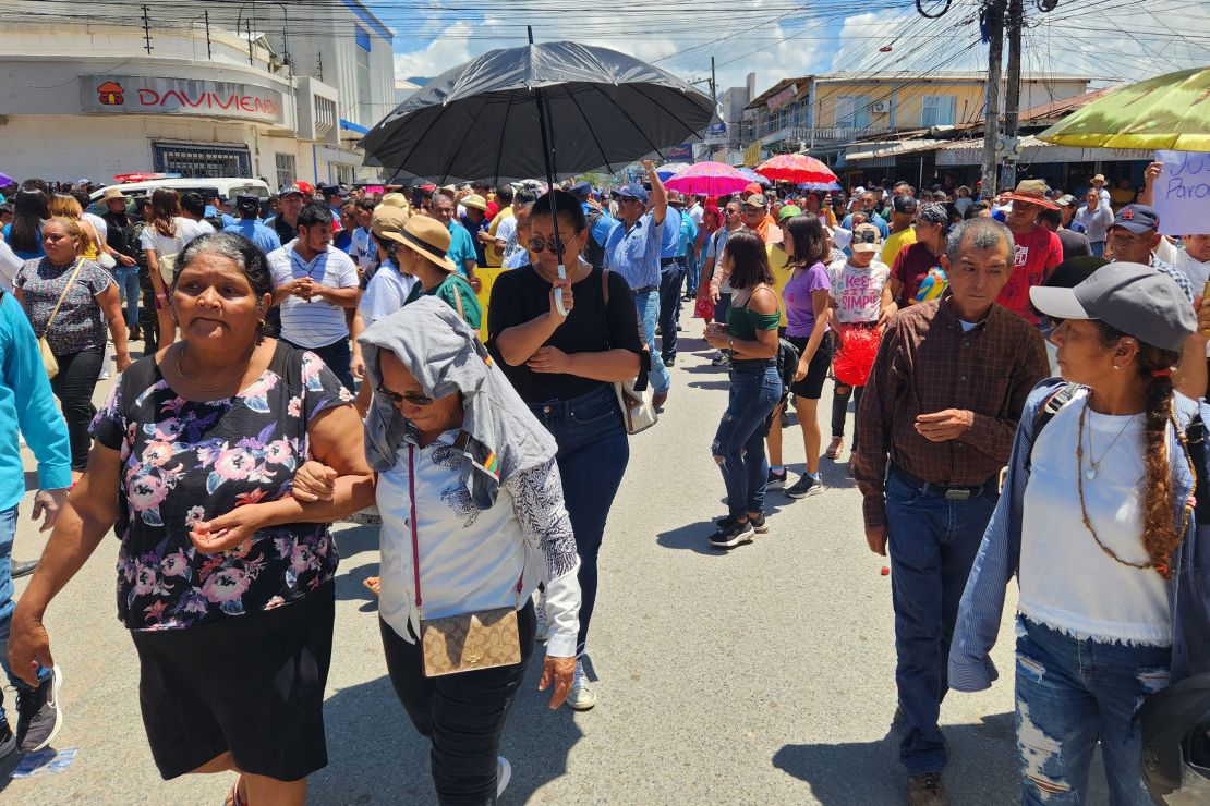 Residents take part in a protest after the murder of environmentalist Juan Lopez in Tocoa, Colon Department, Honduras, on September 15, 2024.