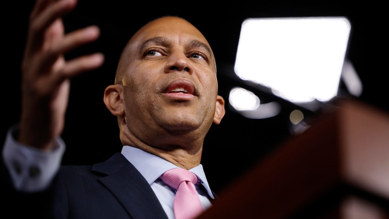 House Minority Leader Hakeem Jeffries holds his weekly news conference at the US Capitol Visitors Center in Washington, DC on September 12.