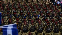 Soldiers march as they take part in the military parade as part of the celebration of the independence of El Salvador in San Salvador on September 15, 2024. (Photo by Daniela RODRIGUEZ / AFP) (Photo by DANIELA RODRIGUEZ/AFP via Getty Images)