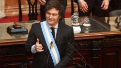 Argentina's President Javier Milei gestures before the presentation of the 2025 budget proposal to Congress in Buenos Aires on September 15, 2024. (Photo by ALEJANDRO PAGNI / AFP) (Photo by ALEJANDRO PAGNI/AFP via Getty Images)