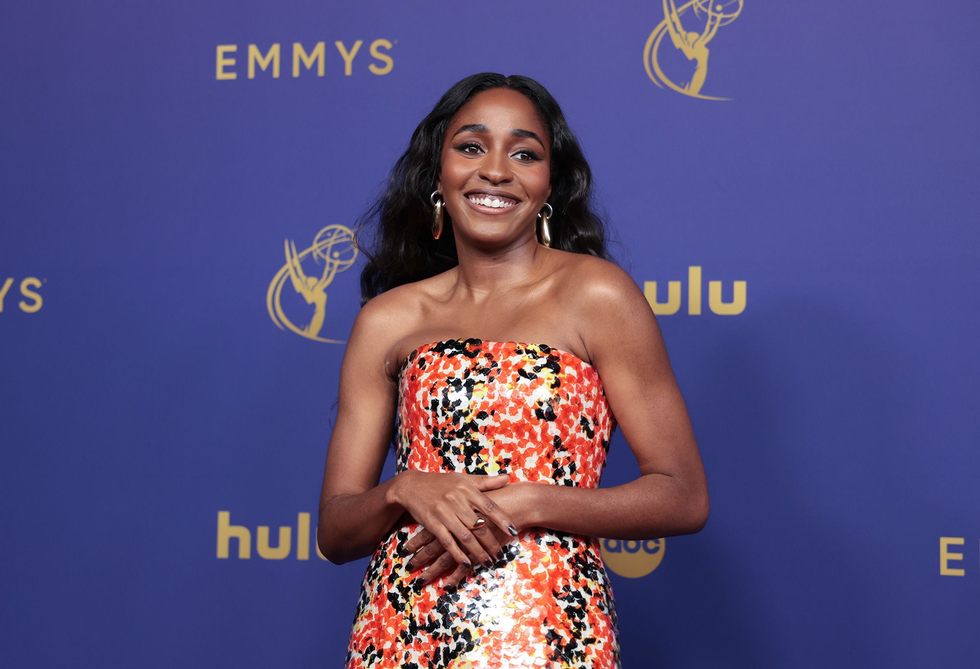 Ayo Edibiri attends the 76th Primetime Emmy Awards at the Peacock Theater in Los Angeles, on Sunday, September 15 wearing Bottega Veneta.