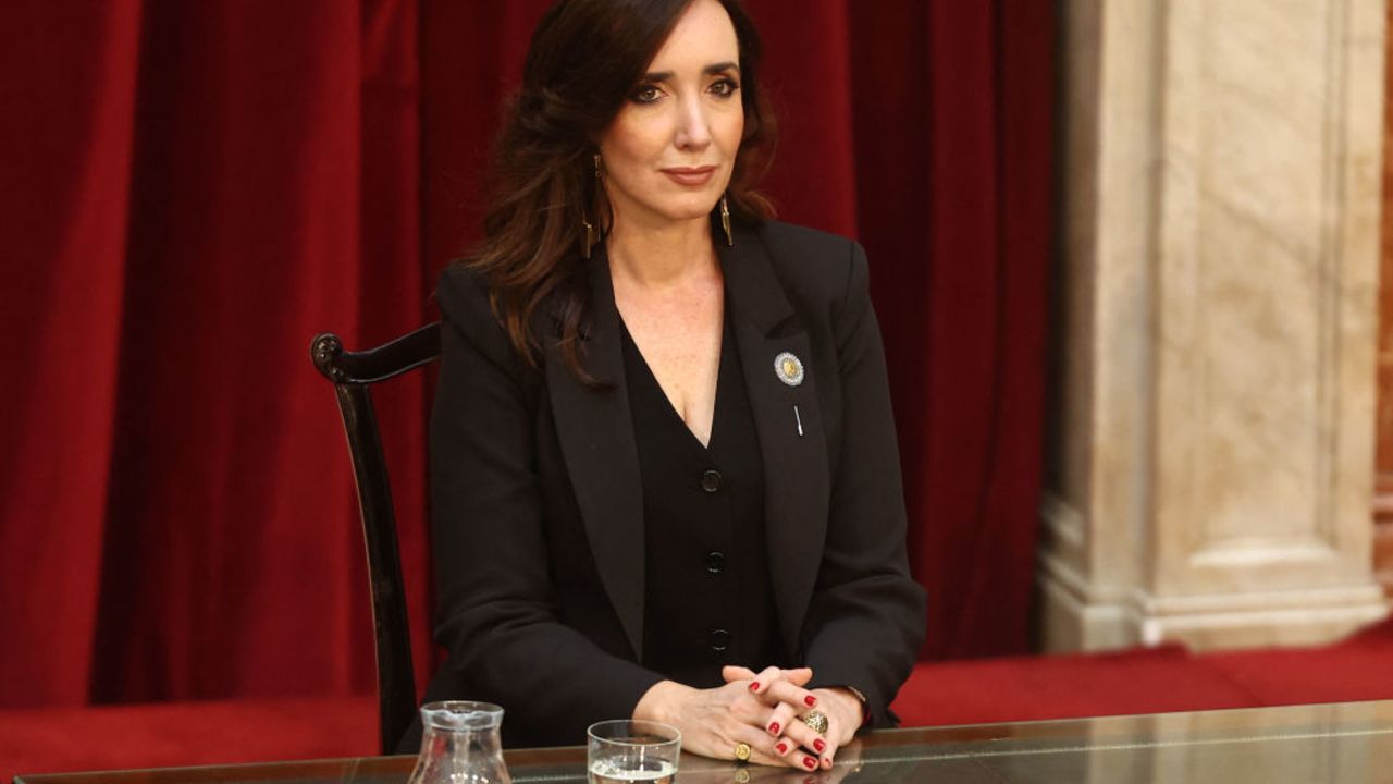 Argentina's Vice President Victoria Villarruel listens to Argentina's president Javier Milei (out of frame) during the presentation of the 2025 budget proposal to Congress in Buenos Aires on September 15, 2024. (Photo by ALEJANDRO PAGNI / AFP) (Photo by ALEJANDRO PAGNI/AFP via Getty Images)