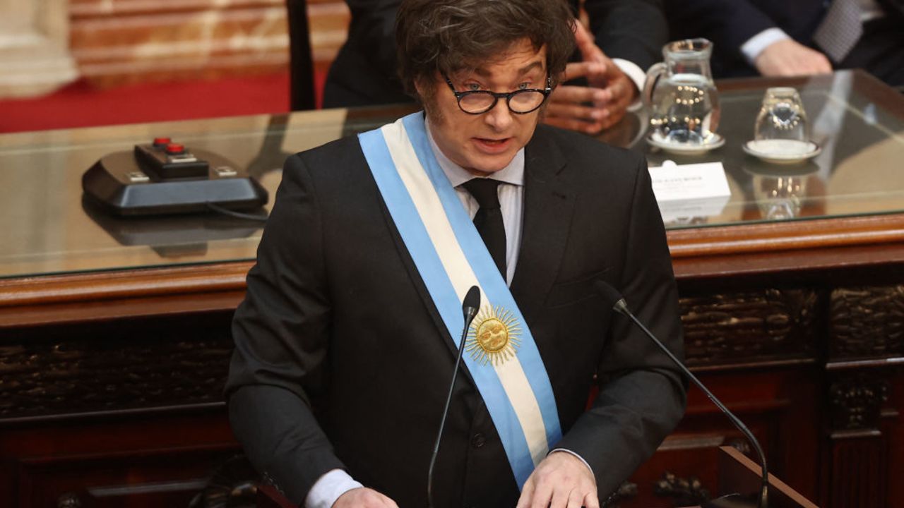 Argentina's President Javier Milei speaks during the presentation of the 2025 budget proposal to Congress in Buenos Aires on September 15, 2024. (Photo by ALEJANDRO PAGNI / AFP) (Photo by ALEJANDRO PAGNI/AFP via Getty Images)