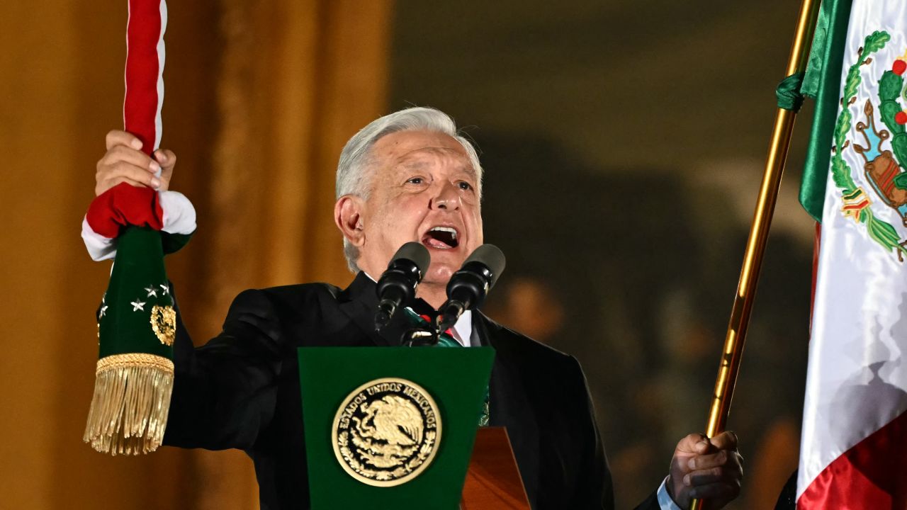 Mexican President Andres Manuel Lopez Obrador attends his last public act as president at the 'Grito de Independencia' ceremony, which marks the start of Independence Day celebrations at El Zocalo Square in Mexico City on September 15, 2024. (Photo by CARL DE SOUZA / AFP) (Photo by CARL DE SOUZA/AFP via Getty Images)