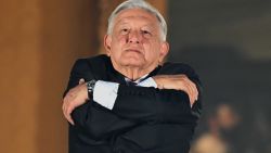 Mexican President Andres Manuel Lopez Obrador bids farewell to his supporters during his last public act as president at the 'Grito de Independencia' ceremony, which marks the start of Independence Day celebrations at El Zocalo Square in Mexico City on September 15, 2024. (Photo by CARL DE SOUZA / AFP) (Photo by CARL DE SOUZA/AFP via Getty Images)