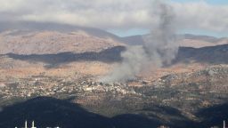 A smoke plume billows during Israeli bombardment on the village of Kfarshuba in south Lebanon near the border with Israel on September 16, 2024 amid ongoing cross-border tensions as fighting continues between Israel and Hamas in the Gaza Strip. (Photo by Rabih DAHER / AFP) (Photo by RABIH DAHER/AFP via Getty Images)