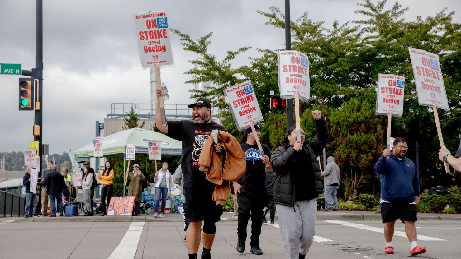 Striking workers and their supporters picket outside the Boeing manufacturing facility in Renton, Washington, on September 16, 2024.