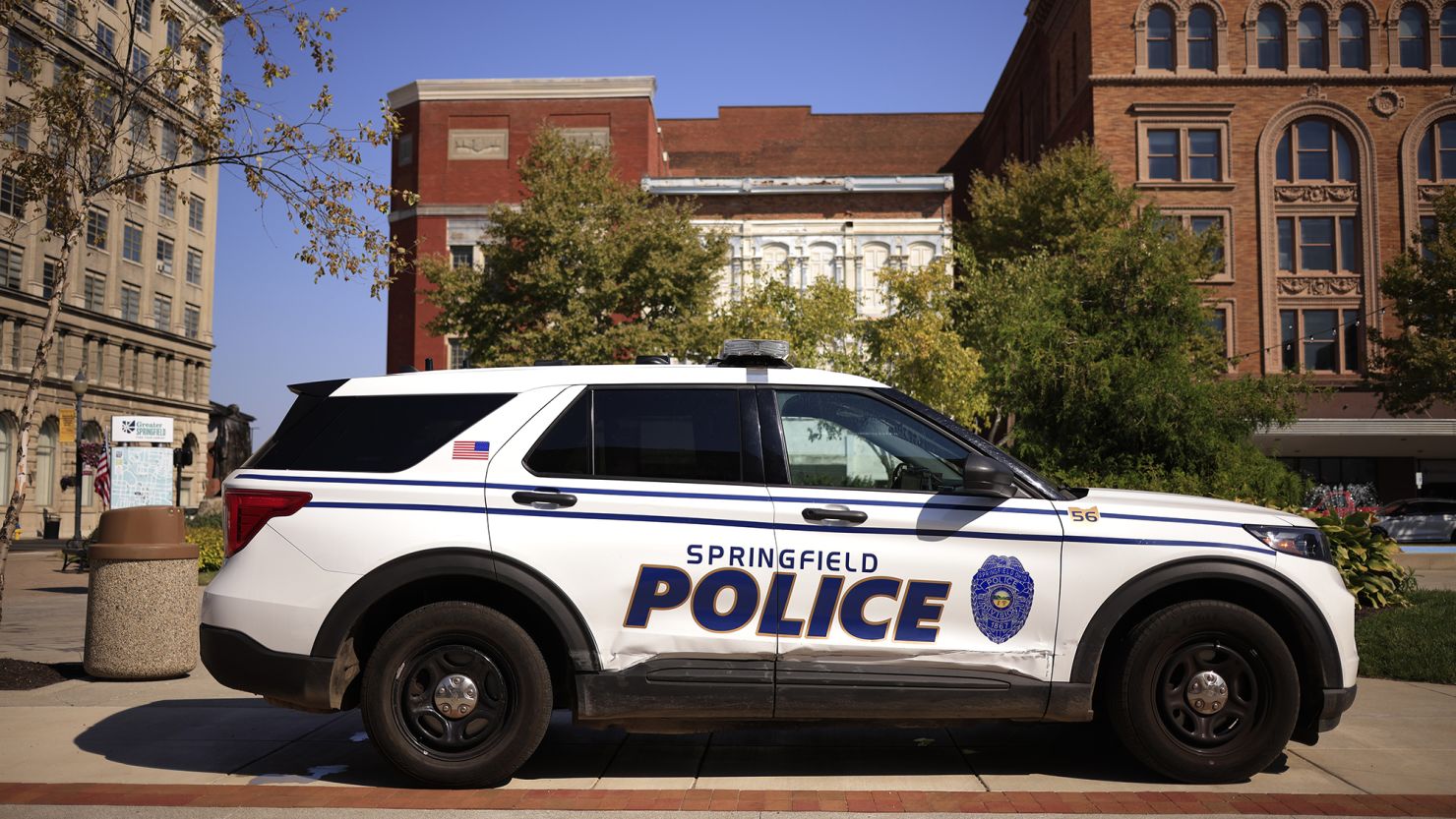 A Springfield Police cruiser sits parked downtown on September 16, 2024 in Springfield, Ohio.