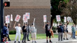 Striking Boeing workers and their supporters picket outside the Boeing Co. manufacturing facility in Renton, Washington on September 16, 2024. In the first strike in 16 years, thousands of Boeing factory workers walked off the job in a dispute of pay that is likely to effect the manufacture of Boeing commercial planes. (Photo by Yehyun Kim / AFP) (Photo by YEHYUN KIM/AFP via Getty Images)