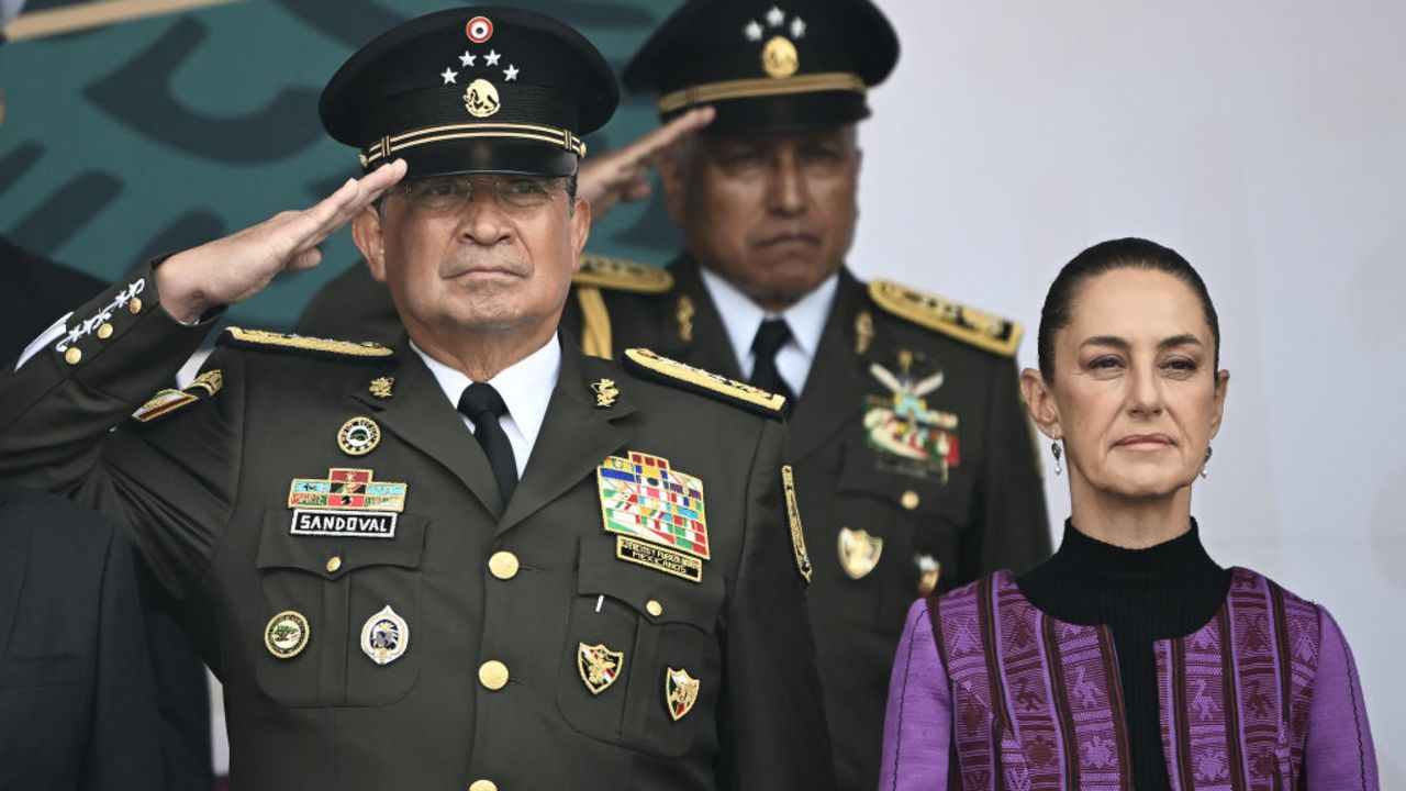 Mexican president-elect Claudia Sheinbaum (R) and National Defence Secretary Luis Cresencio Sandoval (L) attend the military parade for the 214th anniversary of Independence Day at the Zocalo Square in Mexico City on September 16, 2024. (Photo by CARL DE SOUZA / AFP) (Photo by CARL DE SOUZA/AFP via Getty Images)