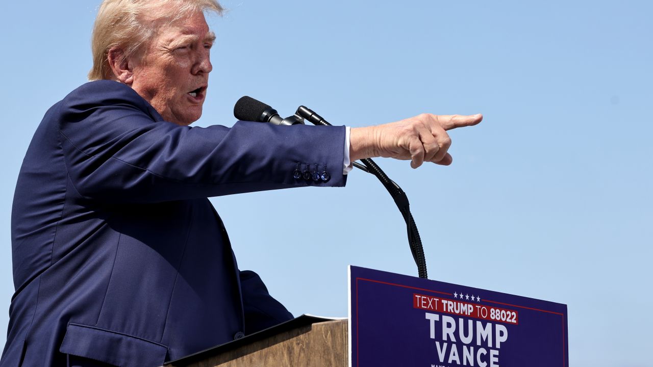 RANCHO PALOS VERDES, CALIFORNIA - SEPTEMBER 13: Republican presidential nominee, former U.S. President Donald Trump gestures during a press conference at Trump National Golf Club Los Angeles on September 13, 2024 in Rancho Palos Verdes, California. Trump delivered remarks and answered questions from reporters at the event a day after announcing he will not take part in a second debate with Democratic presidential nominee, U.S. Vice President Kamala Harris. (Photo by Mario Tama/Getty Images)