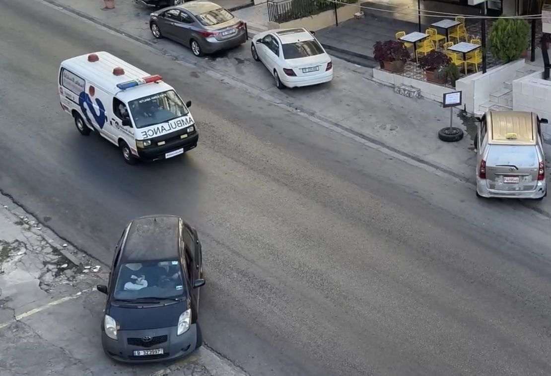     An ambulance takes injured people to the hospital in Sidon, Lebanon on September 17, 2024.