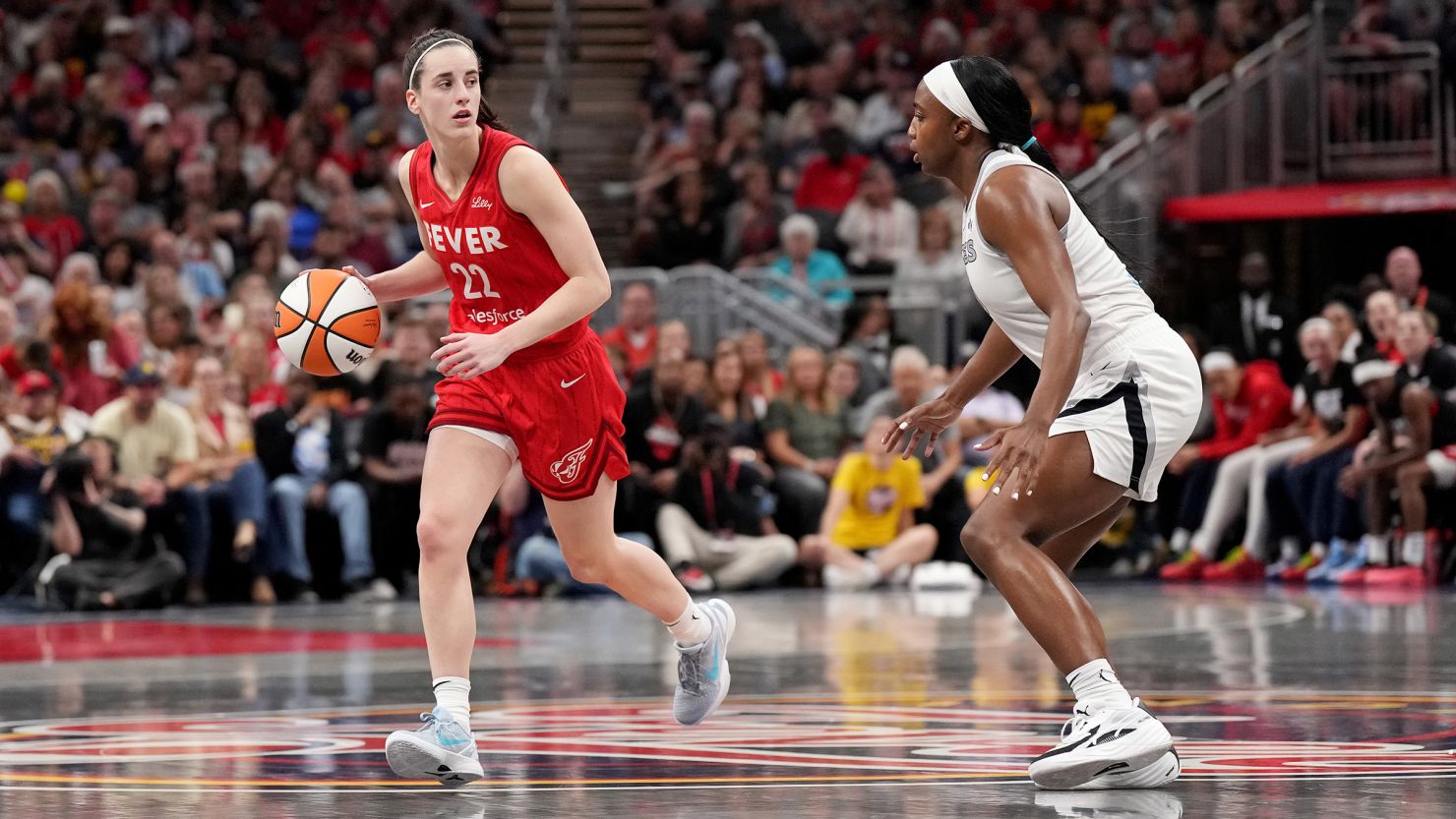 Indiana Fever guard Caitlin Clark drives up the court during the team's game against the Las Vegas Aces