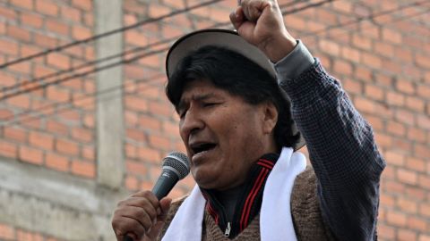 Bolivian former President (2006-2019) Evo Morales Ayma addresses ers before the start of the so-called 'March to Save Bolivia' -against his former ally, leftist leader Luis Arce- in Caracollo, province of Oruro, 200 km south of La Paz, Bolivia,  on September 17, 2024. Morales, who accuses president Luis Arce of using the judiciary and electoral powers to block his presidential candidacy, began a march to La Paz along several thousand of his ers, while the government insisted on conspiratorial efforts. (Photo by AIZAR RALDES / AFP) (Photo by AIZAR RALDES/AFP via Getty Images)