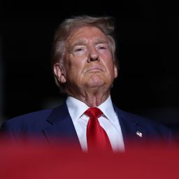 Republican presidential nominee, former U.S. President Donald Trump, looks one during a campaign rally at The Expo at World Market Center Las Vegas on September 13, 2024 in Las Vegas, Nevada.