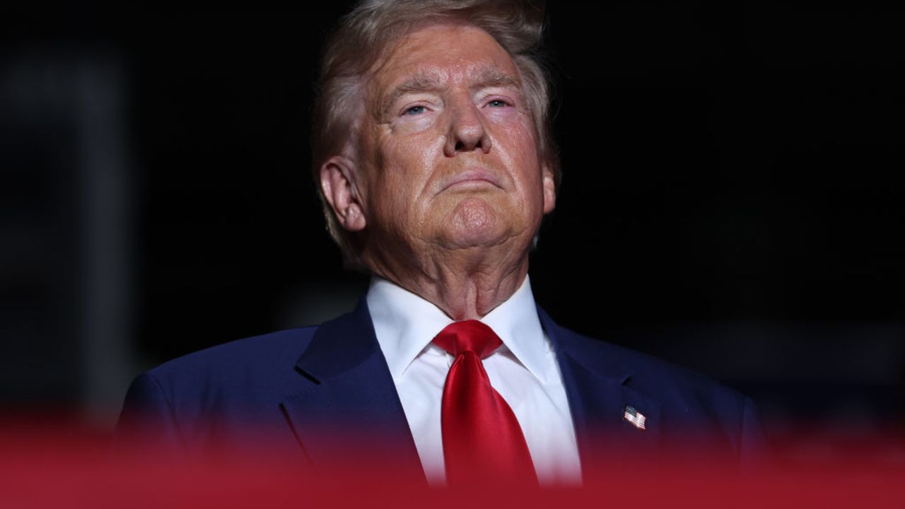 LAS VEGAS, NEVADA - SEPTEMBER 13: Republican presidential nominee, former U.S. President Donald Trump, looks one during a campaign rally at The Expo at World Market Center Las Vegas on September 13, 2024 in Las Vegas, Nevada. With 53 days before election day, Former President Trump continues to campaign.  (Photo by Justin Sullivan/Getty Images)