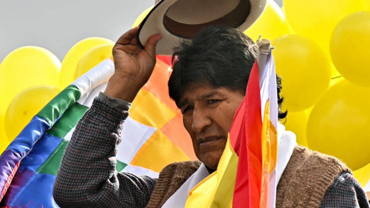 Bolivian former President (2006-2019) Evo Morales Ayma puts a hat on before the start of the so-called 'March to Save Bolivia' -against his former ally, leftist leader Luis Arce- in Caracollo, province of Oruro, 200 km south of La Paz, Bolivia,  on September 17, 2024. Morales, who accuses president Luis Arce of using the judiciary and electoral powers to block his presidential candidacy, began a march to La Paz along several thousand of his supporters, while the government insisted on conspiratorial efforts. (Photo by AIZAR RALDES / AFP) (Photo by AIZAR RALDES/AFP via Getty Images)