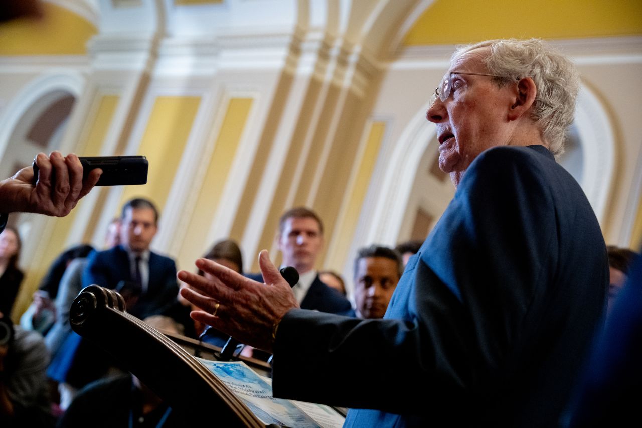 Senate Minority Leader Mitch McConnell speaks during a news conference following a Senate Republican party policy luncheon on Capitol Hill in Washington, DC, on September 17.