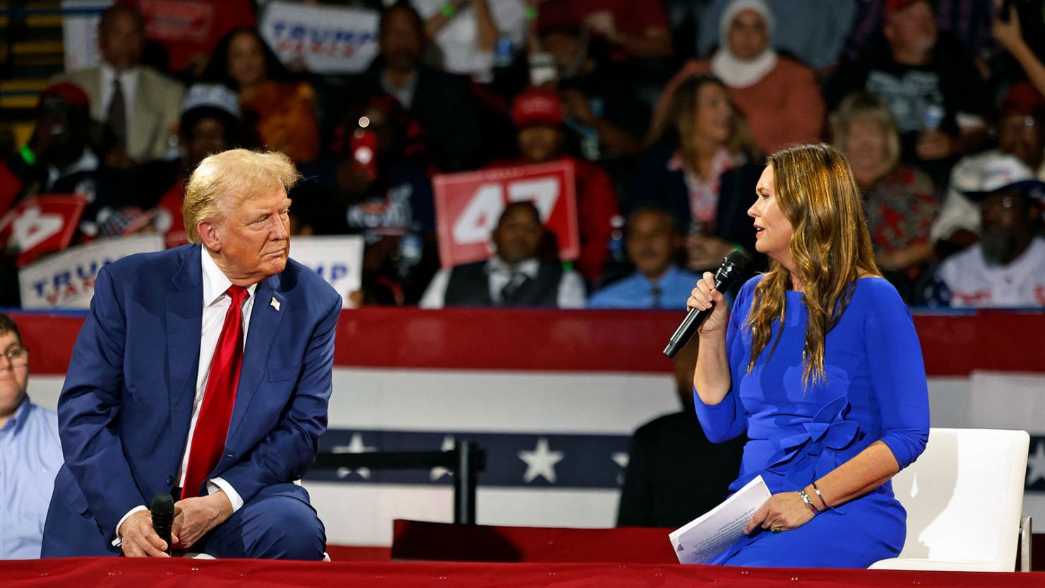 Donald Trump attends a town hall meeting moderated by Arkansas Gov. Sarah Huckabee Sanders at the Dort Financial Center in Flint, Michigan, on September 17, 2024.