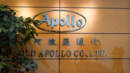 The logo of Taiwanese company Gold Apollo is seen outside its office in New Taipei City on September 18, 2024.