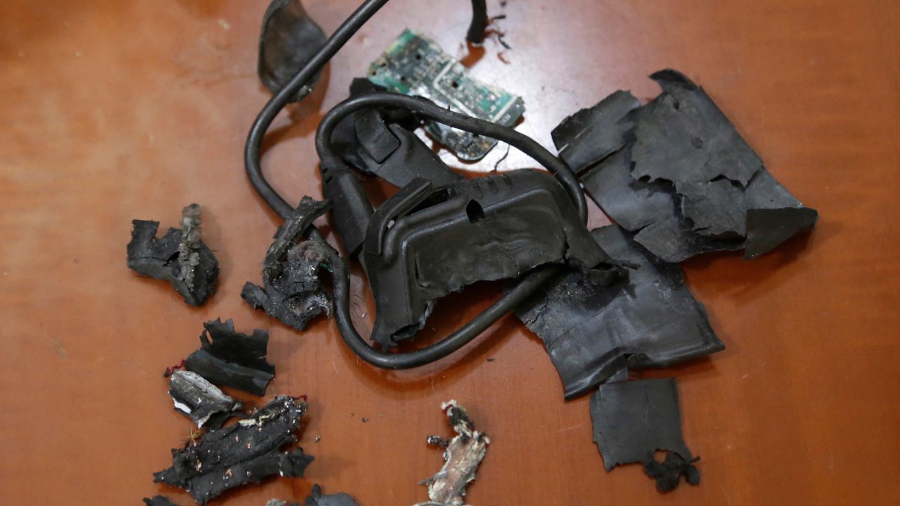 A photo taken on September 18, 2024, in Beirut's southern suburbs shows the remains of exploded pagers on display at an undisclosed location. Hundreds of pagers used by Hezbollah members exploded across Lebanon on September 17, killing at least nine people and wounding around 2,800 in blasts the Iran-backed militant group blamed on Israel.