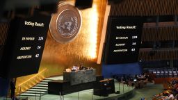 The final result of a vote during the emergency session on the legal consequences of Israel's actions in the Palestinian territories is shown at United Nations Headquarters on September 18, 2024 in New York. UN member states were set to vote September 18, 2024 on a push by the Palestinians to formally demand an end to the Israeli occupation of the Palestinian territories within 12 months. The non-binding text, which Israel says will fuel violence if adopted, is based on an advisory opinion from the International Court of Justice calling Israel's occupation since 1967 "unlawful." (Photo by Bryan Smith / AFP)