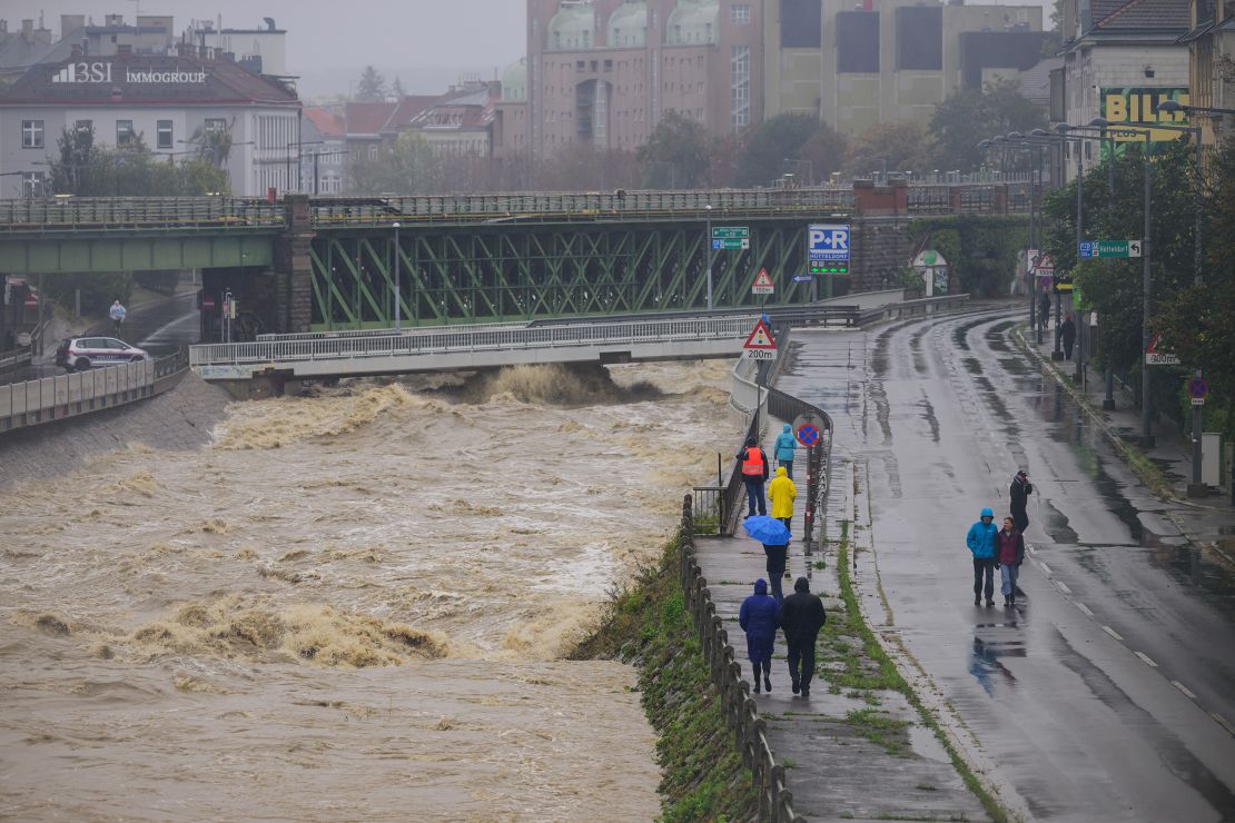 Rising water along the Wien River during heavy rain on September 15, 2024, in Vienna, Austria.