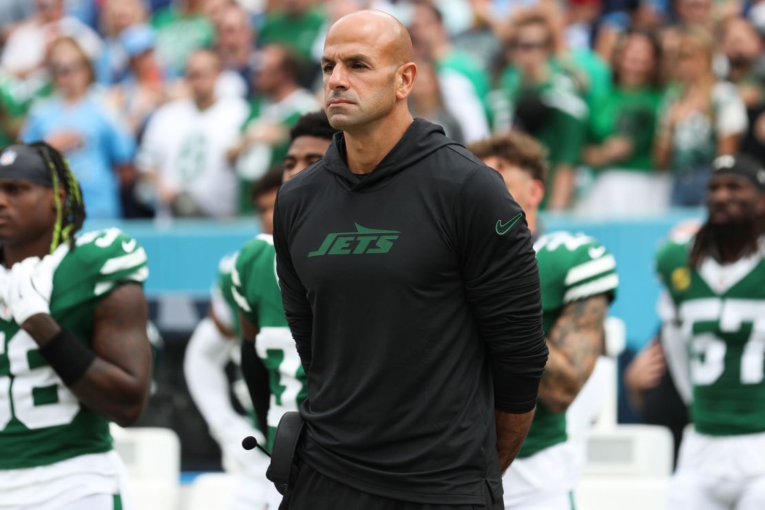 New York Jets head coach Robert Saleh looks on before a game against the Tennessee Titans at Nissan Stadium on September 15 in Nashville.