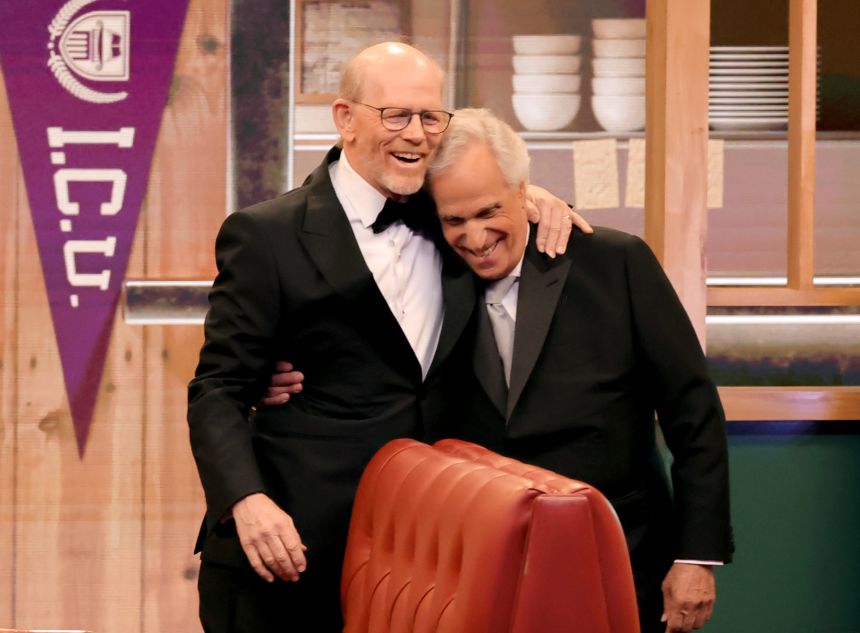 Ron Howard and Henry Winkler speak onstage during the 76th Primetime Emmy Awards at Peacock Theater on September 15, 2024 in Los Angeles, California.