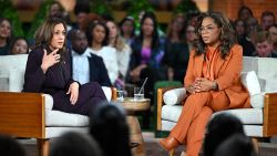 US Vice President and Democratic presidential candidate Kamala Harris (L) joins US television producer Oprah Winfrey at a 'Unite for America' live streaming rally in Farmington Hills, Michigan, on September 19, 2024. (Photo by SAUL LOEB / AFP) (Photo by SAUL LOEB/AFP via Getty Images)