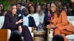 US Vice President and Democratic presidential candidate Kamala Harris (L) joins US television producer Oprah Winfrey at a 'Unite for America' live streaming rally in Farmington Hills, Michigan, on September 19, 2024. (Photo by SAUL LOEB / AFP) (Photo by SAUL LOEB/AFP via Getty Images)