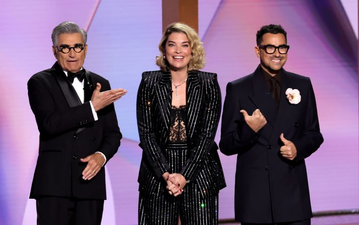 Show co-hosts Eugene and Dan Levy are <a href="https://www.cnn.com/entertainment/live-news/emmy-awards-levy-09-15-24#h_d2bc847ec420640a2f49eda74d6542ca">joined by their former "Schitt's Creek" co-star Annie Murphy</a> before another co-star, Catherine O'Hara, presented the final award of the night.